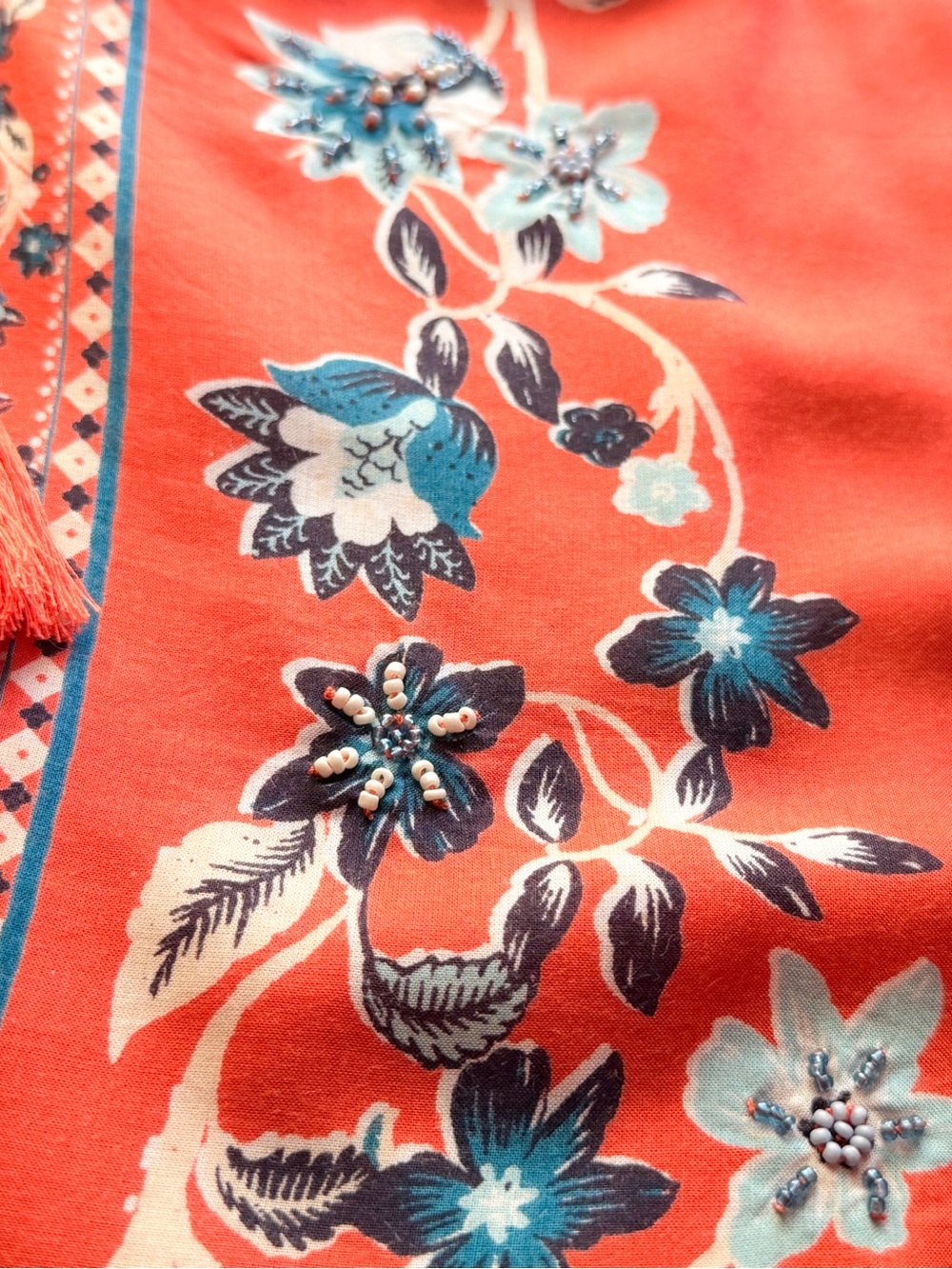 Chico’s Orange Floral Boho Beaded Blouse V-Neck Tassel Tie Front Long Sleeve XL - Picture 11 of 16